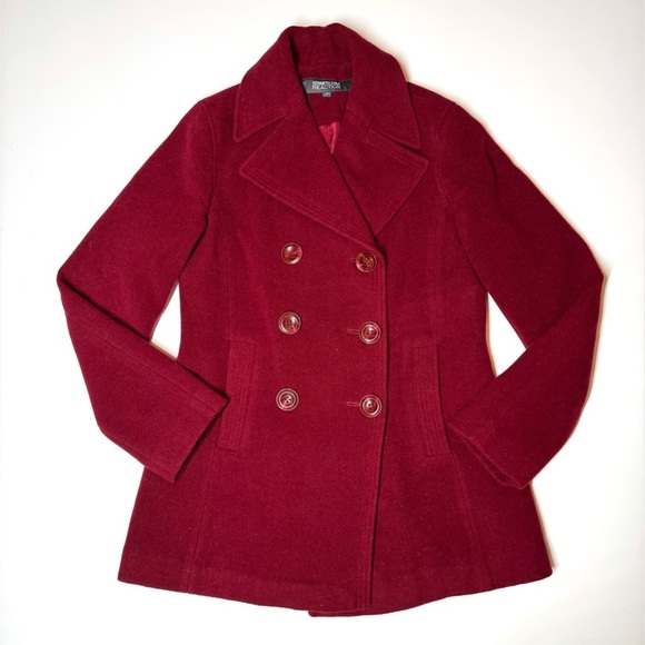 Kenneth Cole Women's Double-Breasted Wool Blend Dark Red Pea Coat Size- 2 - Picture 1 of 9